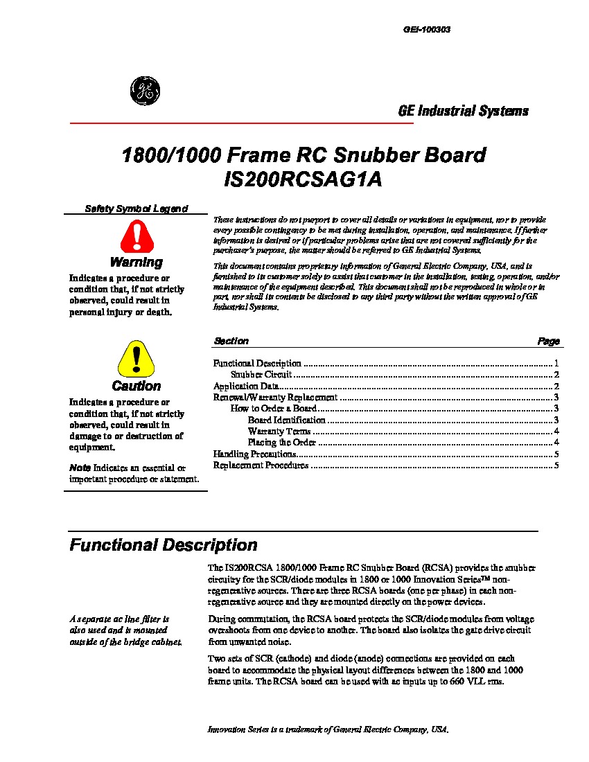 First Page Image of IS200RCSAG1A 1800-1000 Frame RC Snubber Board Manual GEI-100303.pdf